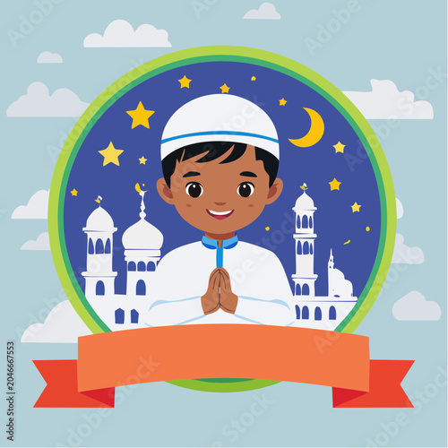 Cartoon Muslim Boy Greeting with Mosque Background