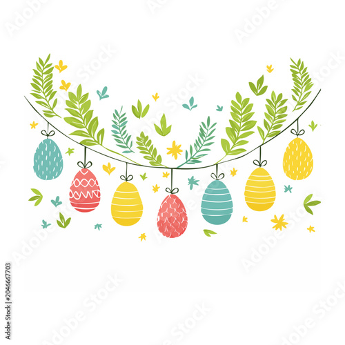 Easter eggs garland with spring leaves and flowers
