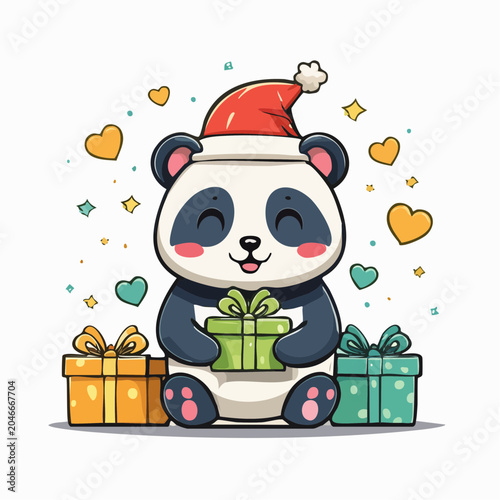 Cute Panda Wearing Santa Hat Holding Gift, Surrounded by Presents and Hearts