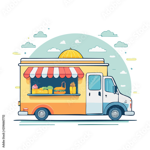 Flat design illustration of a colorful food truck serving fast food