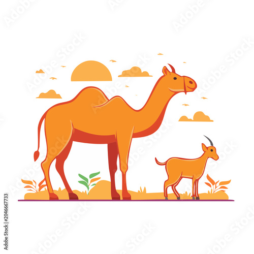 Flat design illustration of a camel and a goat in a desert landscape