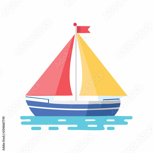 Flat design sailboat on blue water with red and yellow sails