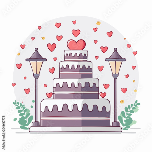 Flat design wedding cake with hearts and lamp posts