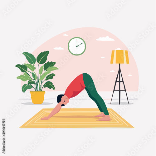 Person practicing yoga in downward-facing dog pose at home