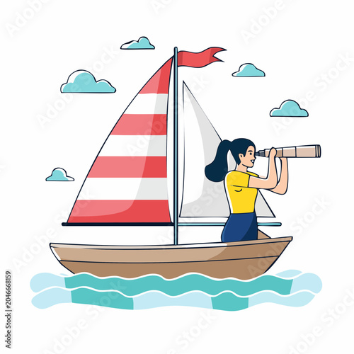 Woman on sailboat looking through spyglass