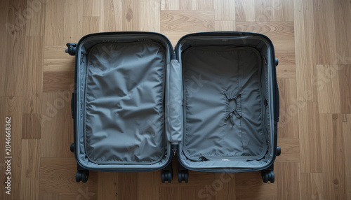 Open Empty Suitcase Lying Flat on a Light Wooden Floor Ready for Packing