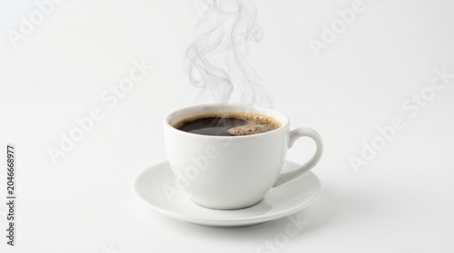 Hot coffee cup with steam isolated on white background, realistic beverage photography