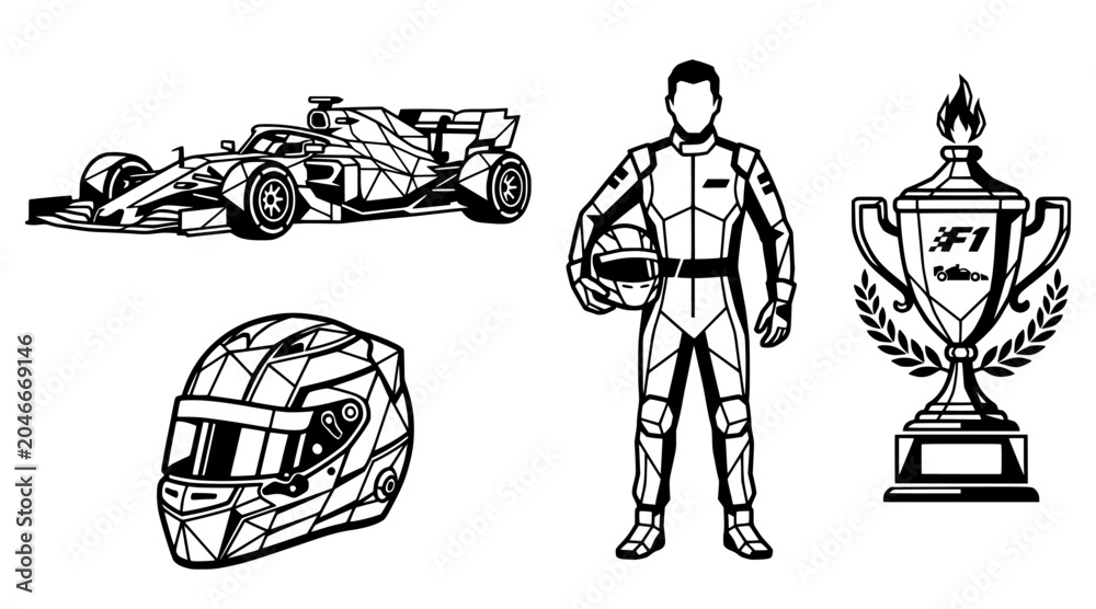 Naklejka premium Formula 1 Racing and Motorsport Vector Icon Set - Race Car, Driver, Steering Wheel, Trophy, helmet, and Checkered Flag Line Art