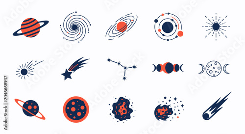 Collection of Celestial Bodies and Cosmic Phenomena Icons.