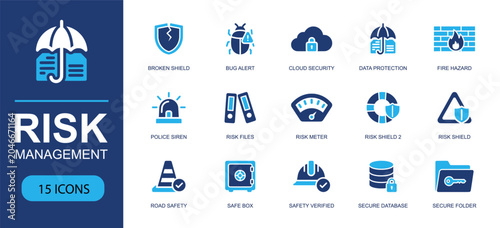 Risk management icon set. Containing shield, bug, cloud security, data protection, risk meter, safe box, road safety, secure database, secure folder and more. Solid fill vector icons.