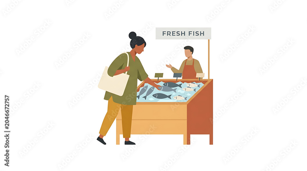 Fototapeta premium A woman shopping for fresh fish at a market stall