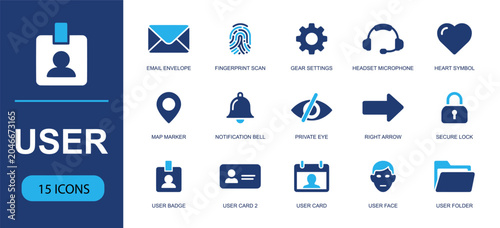 User profile icon set. Containing email envelope, fingerprint scan, gear settings, headset, heart symbol, map marker, notification bell, private eye and more. Solid fill vector icons.