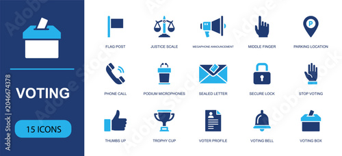 Billede på lærred Voting and election icon set containing ballot box, justice scale, megaphone, podium mics, voter profile, secure lock, sealed letter, thumbs up, bell and more, solid fill vector icons