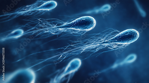 Microscopic Sperm Cells Swimming in Blue Biological Fluid, Human Fertility and Reproductive Health Concept, Male Infertility, IVF Treatment, Semen Analysis, Medical Science, Labora