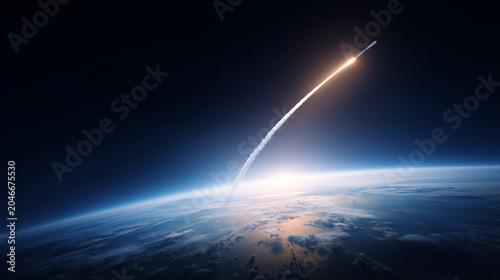 Cinematic Rocket Launch from Earth Atmosphere into Dark Space, Spacecraft Rising Over Blue Planet Horizon, Aerospace Mission, Satellite Launch, Future Technology, Cosmic Exploratio