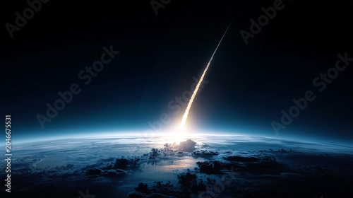 Cinematic Rocket Launch from Earth Atmosphere into Dark Space, Spacecraft Rising Over Blue Planet Horizon, Aerospace Mission, Satellite Launch, Future Technology, Cosmic Exploratio