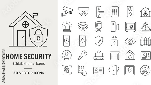 A collection of thirty editable line icons representing home security, surveillance, and safety systems. Perfect for web design, app interfaces, and smart home technology projects.