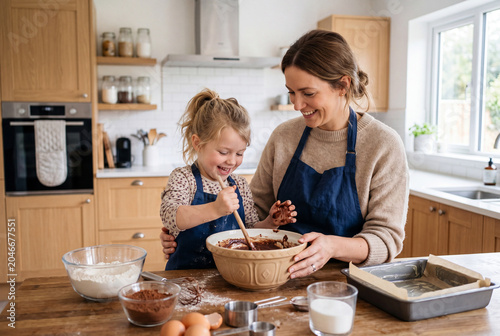 mother and daughter baking brownies
