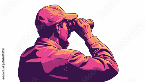 Vibrant illustration of man looking through binoculars, colorful vector graphic, pink and purple hues, observation icon