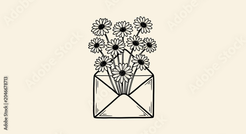 Foto Floral Envelope, Black Line Art, Bouquet Flowers, Simple Illustration, Vector Gr