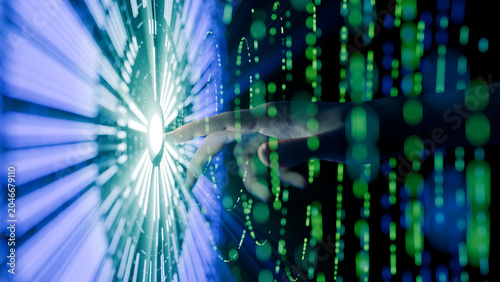 3d rendered human hand interacting with abstract digital interface