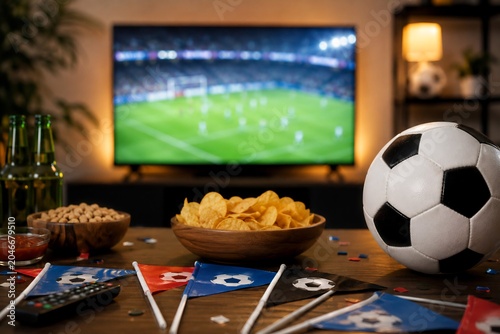 soccer ball on the table, broadcast of a football match on TV, watching football