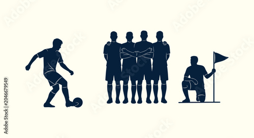 Photos Soccer silhouettes set with player kicking ball team standing together and player with corner flag