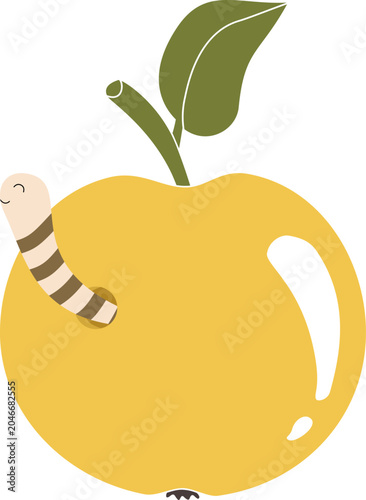 Cute worm in yellow apple vector illustration, flat design fruit icon