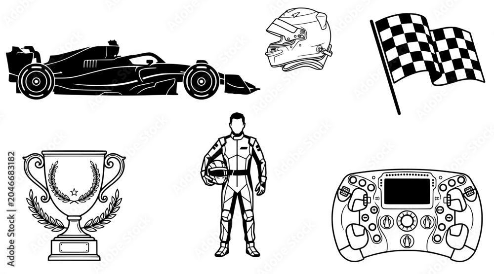 Naklejka premium Formula 1 Racing Car Vector Illustration Set - Motorsport Driver, Helmet, Trophy, and Racing Car Silhouettes and Line Art Bundle