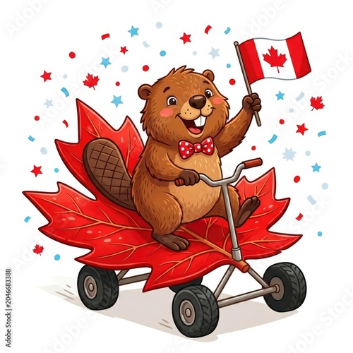 Cute cartoon beaver character driving maple leaf wagon holding canadian flag.
