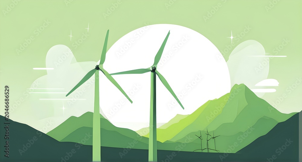 Fototapeta premium Windmill as symbol for green energy, minimalist abstract wallpaper illustration background, AI generated