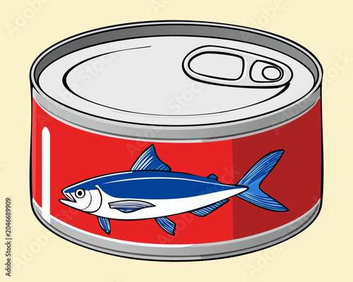 Preserved blue ocean tuna fish tin can container with detailed marine animal graphic illustration branding seafood protein pantry metal aluminum canned - Vector Illustration