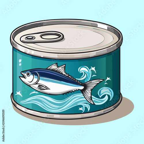 Silver metal can container with blue swimming fish illustration label design for premium supermarket canned seafood items - Vector Illustration