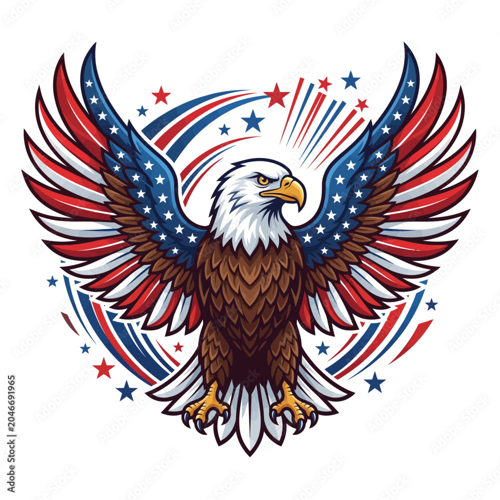 Obraz premium Majestic Bald Eagle Spreading Its Wings in a Vibrant Display of Red, White, and Blue, Symbolizing Freedom and Patriotism