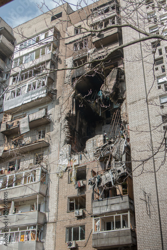 Photography Destroyed civillians apartment building after the russian drone attack