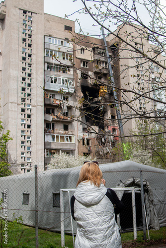 Photography Destroyed civillians apartment building after the russian drone attack