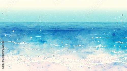 穏やかな海と砂浜を描いた夏の背景イラスト。海岸、波打ち際、水面、遠景、雲、空、自然、休日、釣り、海遊び、アウトドア、チル、夏休み、旅行、レジャー、リゾート、風景、背景素材、コピースペース、ポスター、バナー、のんびりした雰囲気を演出する癒やしのデザイン。パンフレットや広告、壁紙、ヘッダーにも便利。季節の告知や販促に活躍。見出しや装飾背景に便利。表紙やヘッダー素材にも好適。幅広い媒体で使いやすい構図。