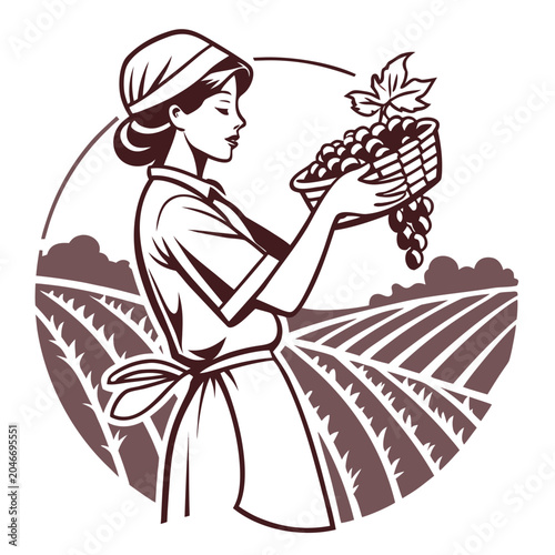 Tableau sur toile Flat vector illustration of a woman holding grapes, representing the wine industry, viticulture, vineyard harvest, and premium winemaking concept
