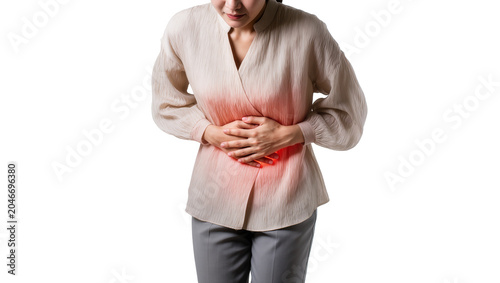 Bild auf Leinwand Isolated woman suffering from stomachache and severe abdominal pain, holding her belly with hands