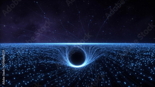Black hole warps space-time, pulling in stars into a blue-lit vortex