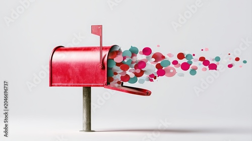Red mailbox bursting with a stream of colorful speech bubble icons, symbolizing an overflow of digital communication, social media interactions, feedback, and online messaging