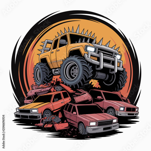 Stacked cars with large truck on top.