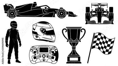 Tableau sur toile Formula 1 Racing and Motorsport Vector Icon Set - Race Car, Driver, Steering Whe