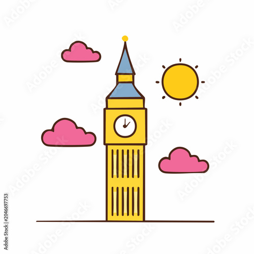 Stylized illustration of Big Ben with sun and clouds