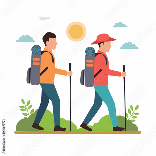 Two hikers with backpacks and trekking poles walking outdoors