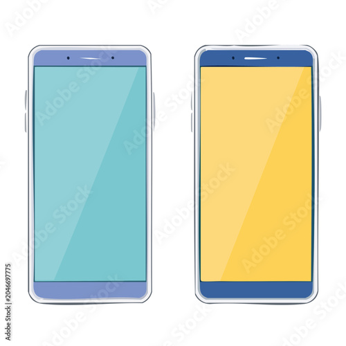 Two modern smartphones with colorful screens on white background