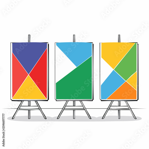 Three easels displaying abstract geometric art in vibrant colors