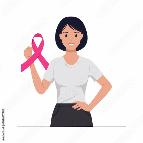 Woman Holding Pink Ribbon for Breast Cancer Awareness