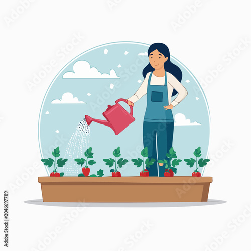 Woman watering strawberry plants in a garden bed