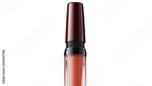 Photos Isolated elegant cosmetic lip gloss tube with dark wood cap and peachy liquid